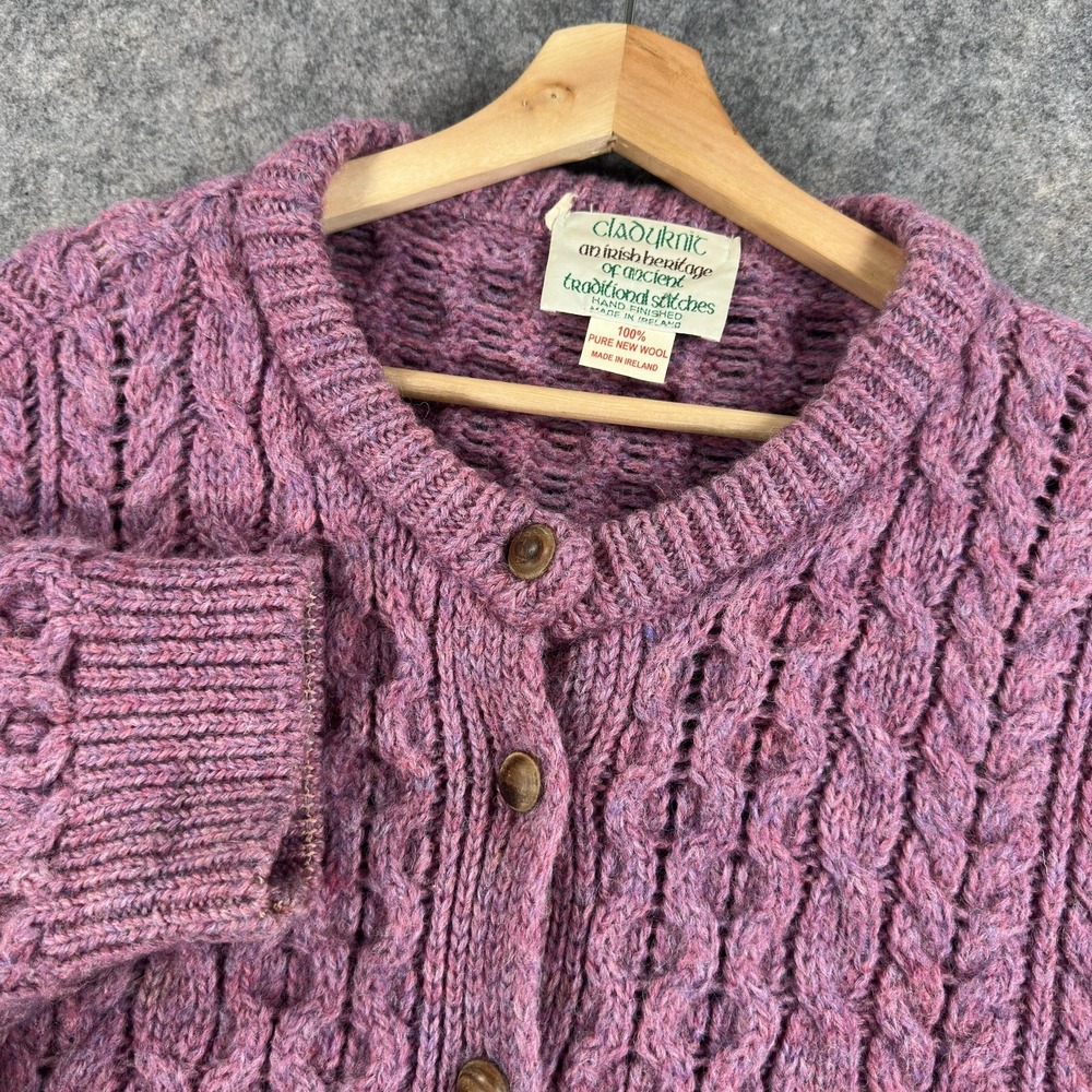 Cladyknit Cardigan Sweater Womens Large Purple 100% Wool Cable Knit Made Ireland